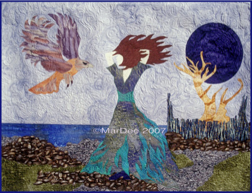 blue moon, scotland, hawk, woman, goddess quilt
